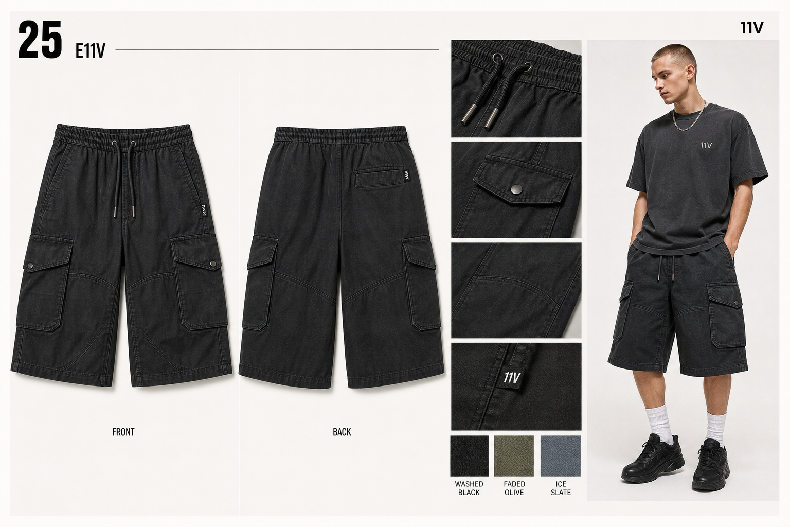 E11V 25 double knee nylon cargo shorts single sheet