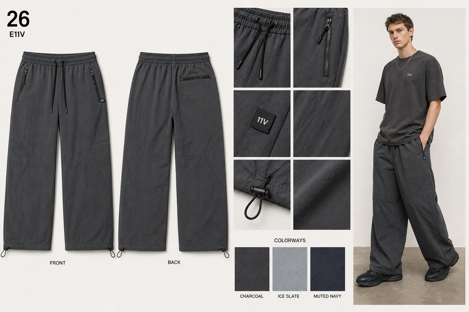 E11V 26 wide leg tech track pants single sheet