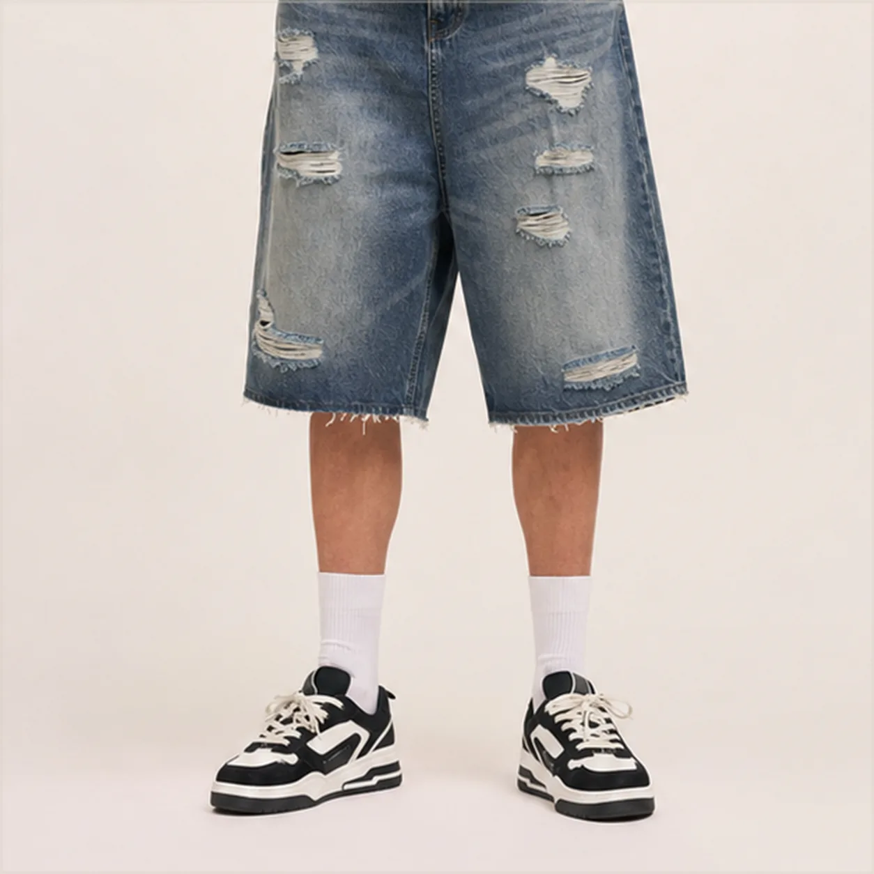 Distressed Denim Jorts detail hem