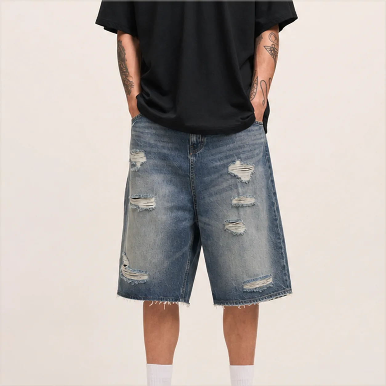 Distressed Denim Jorts detail pocket