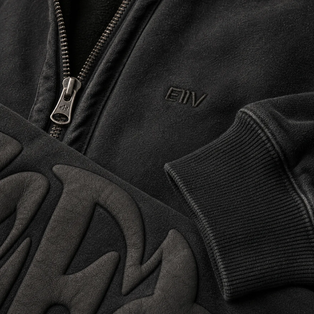 Heavyweight Vintage Zip Hoodie washed black macro detail