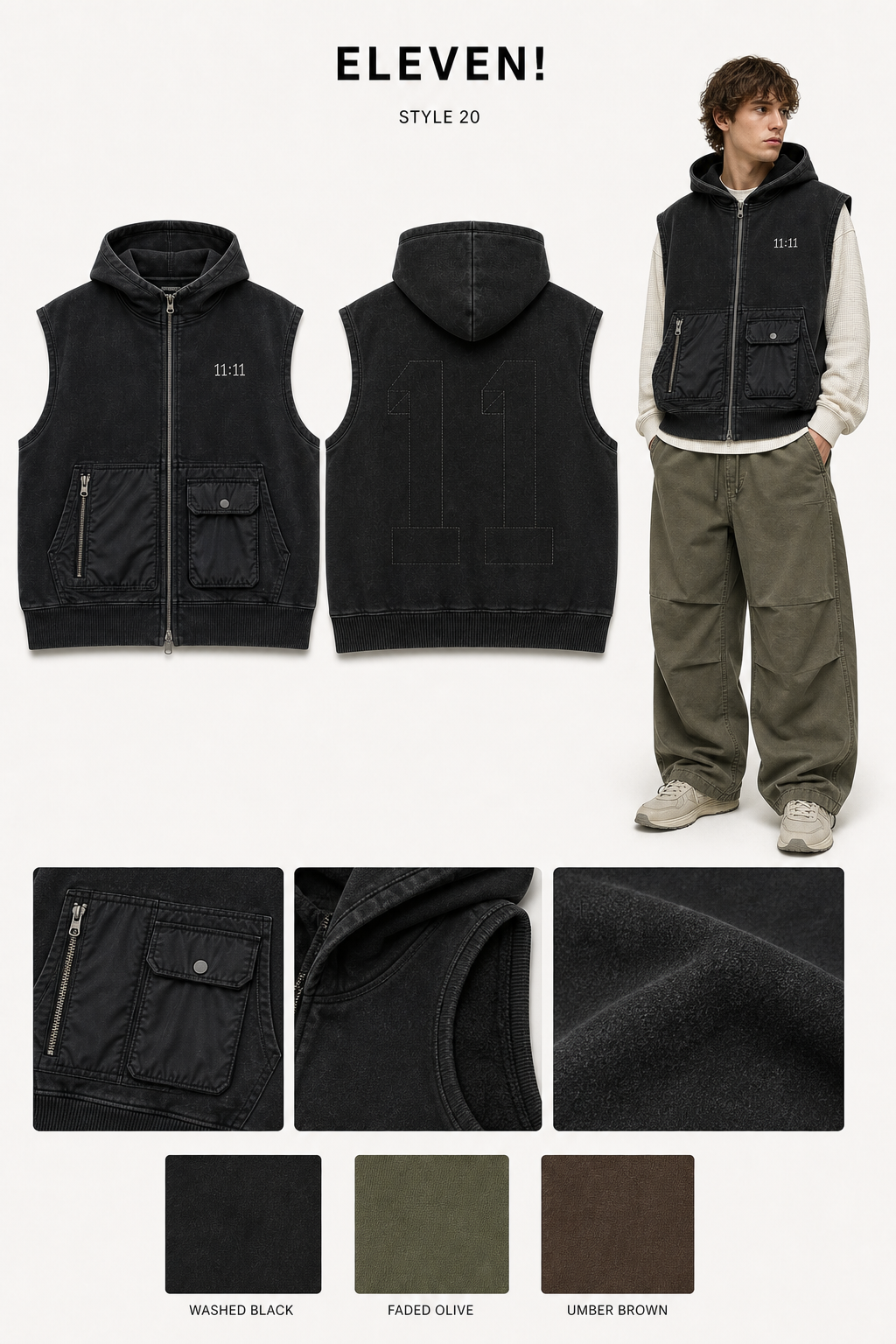 ELEVEN 20 sleeveless hoodie vest single sheet