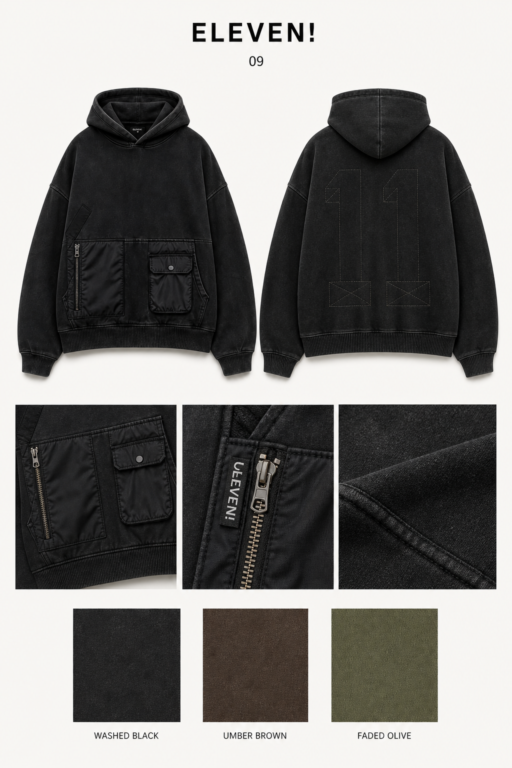 ELEVEN 09 workwear pocket hoodie detail