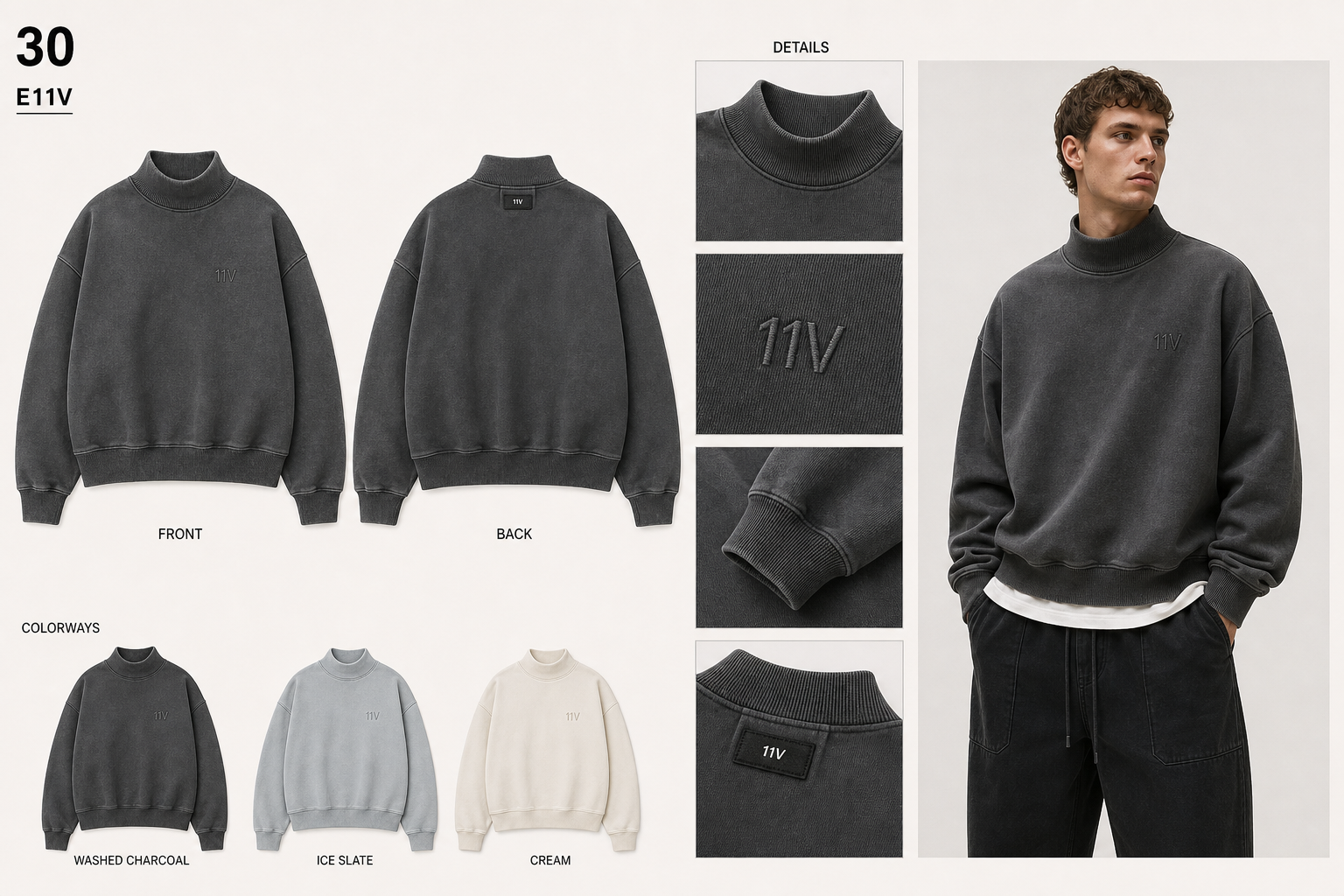 E11V 30 heavyweight mock neck sweatshirt single sheet