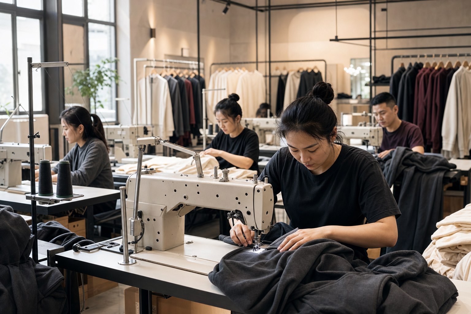 Eleven Garments team producing small-batch streetwear in a modern Ningbo sewing workshop